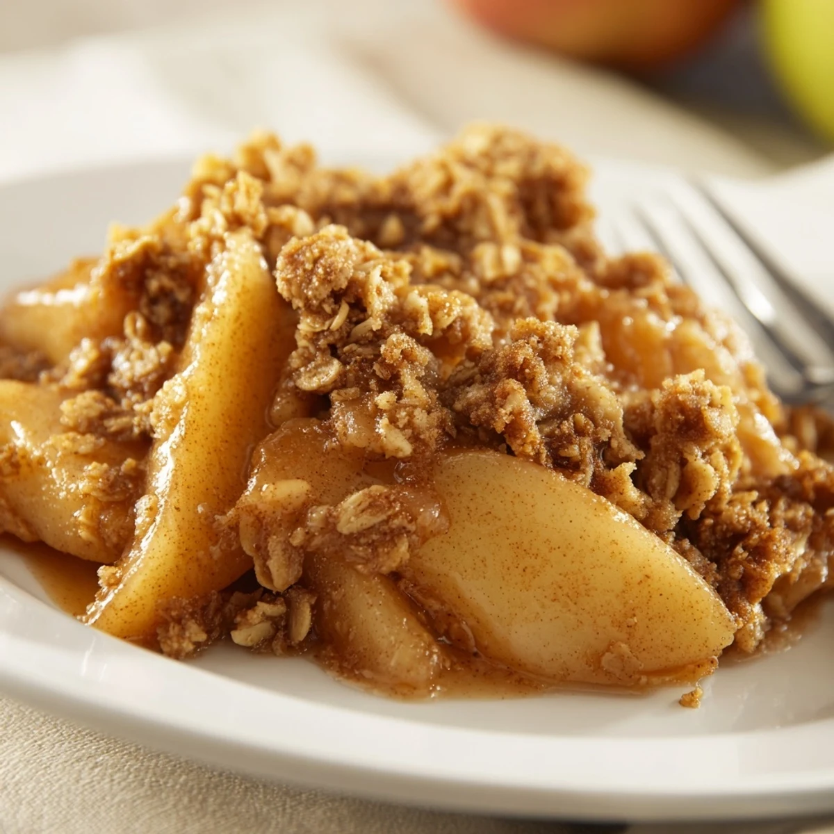 Fresh Granny Smith apples enveloped in cinnamon, topped with a crunchy oat layer.