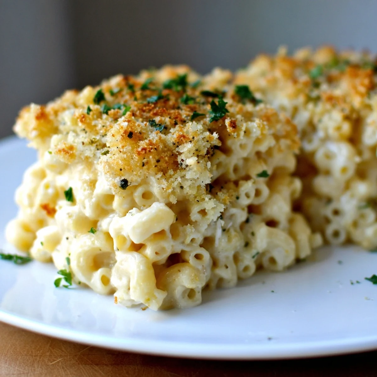 Creamy baked mac and cheese topped with crispy breadcrumbs, golden and inviting.  