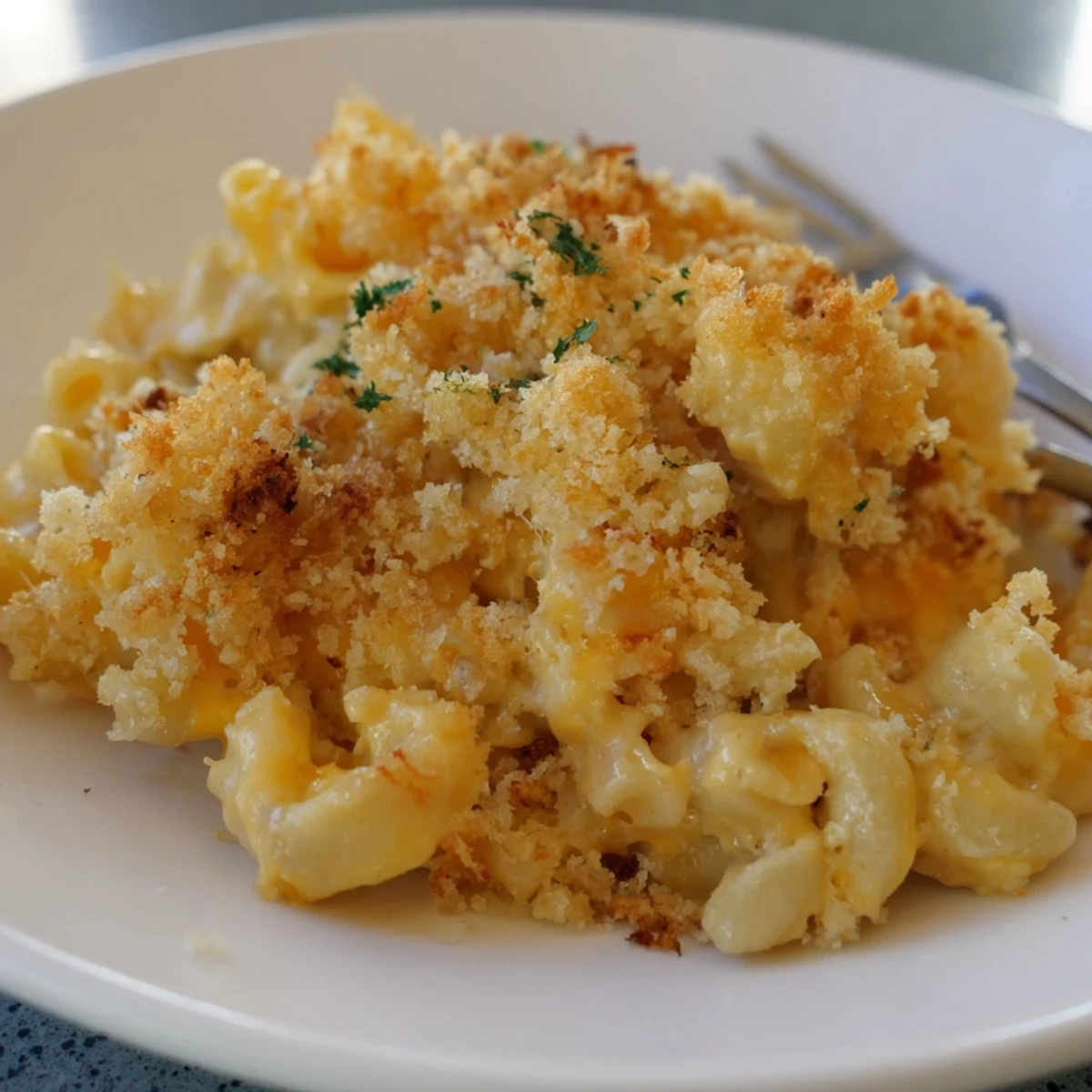 A hearty, cheesy baked mac and cheese dish, delightfully bubbling with flavor.