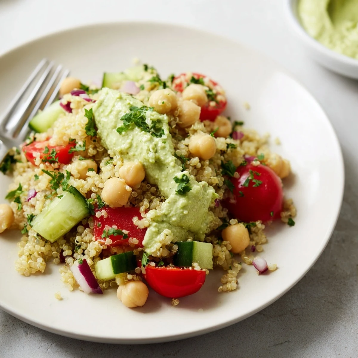 Vibrant quinoa salad with chickpeas, fresh veggies, and creamy avocado dressing.  