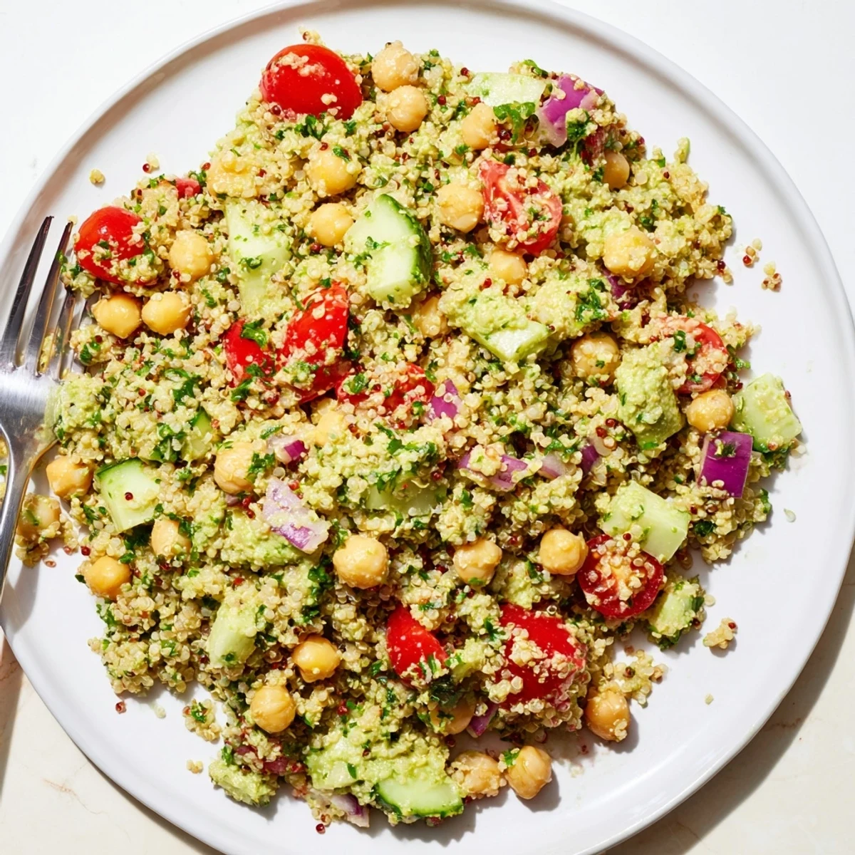 Refreshing quinoa salad with chickpeas and avocado dressing, garnished with parsley.  