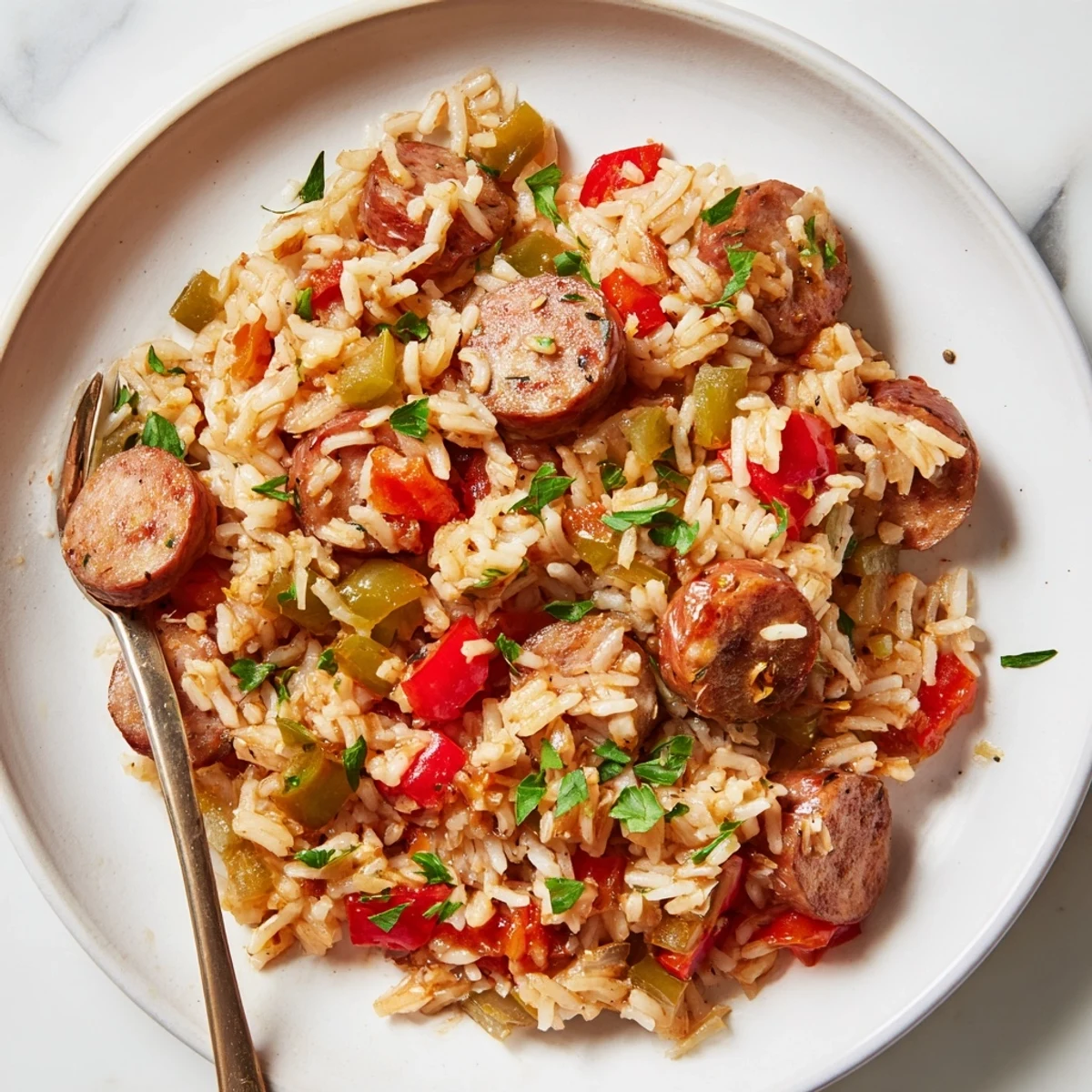 Aromatic One-Pot Sausage and Rice Skillet simmering with fresh herbs and veggies.