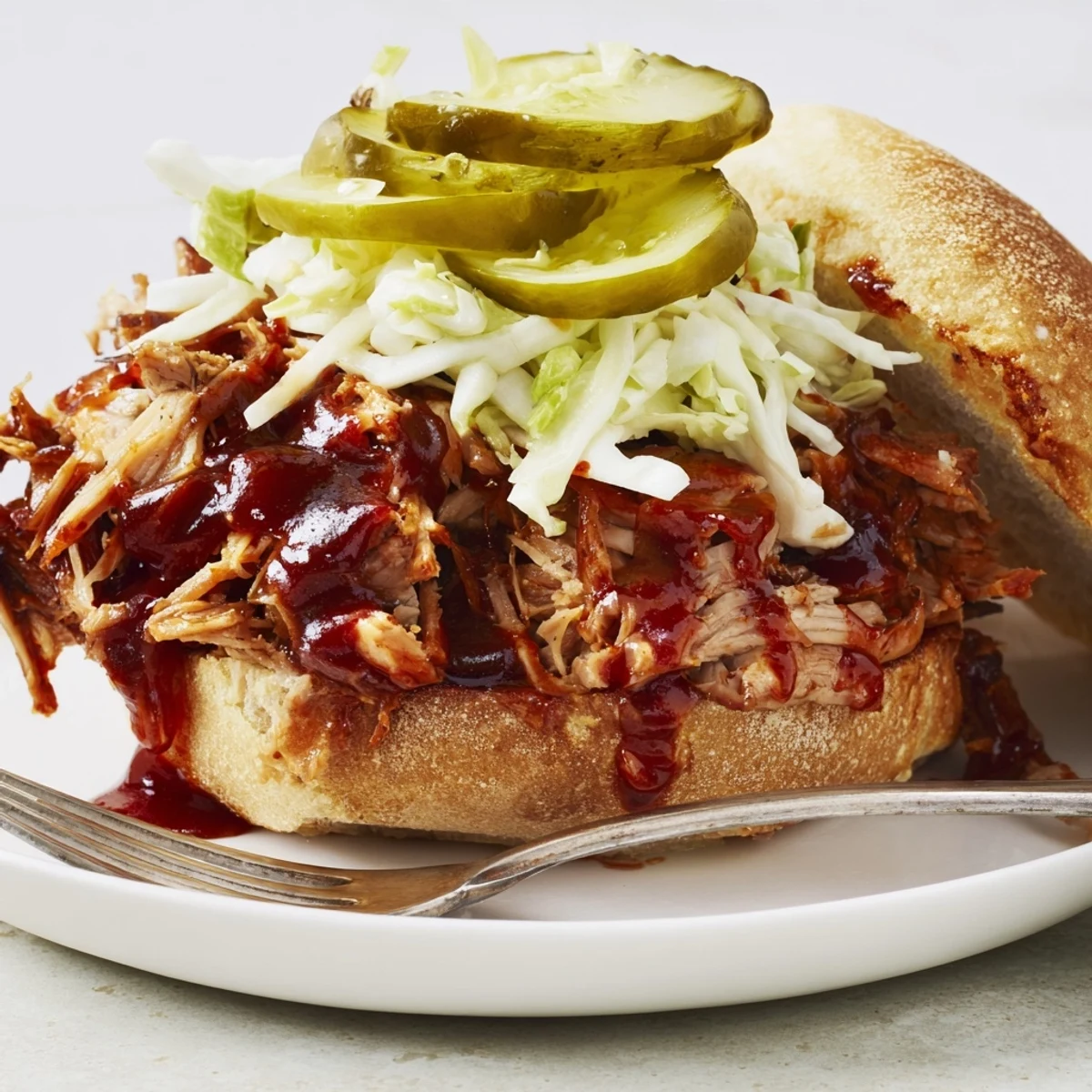 Succulent slow cooker BBQ pulled pork sandwiches topped with tangy coleslaw and pickles.  