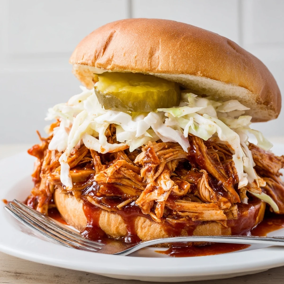 Juicy pulled pork piled high on buns, drenched in smoky barbecue sauce goodness.