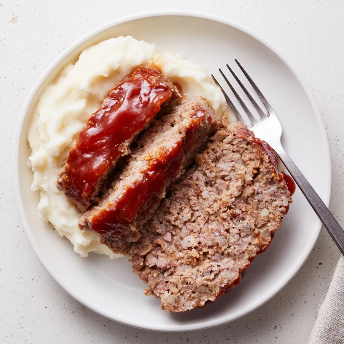 Classic Meatloaf with mashed potatoes, golden brown and drizzled with tangy glaze.  