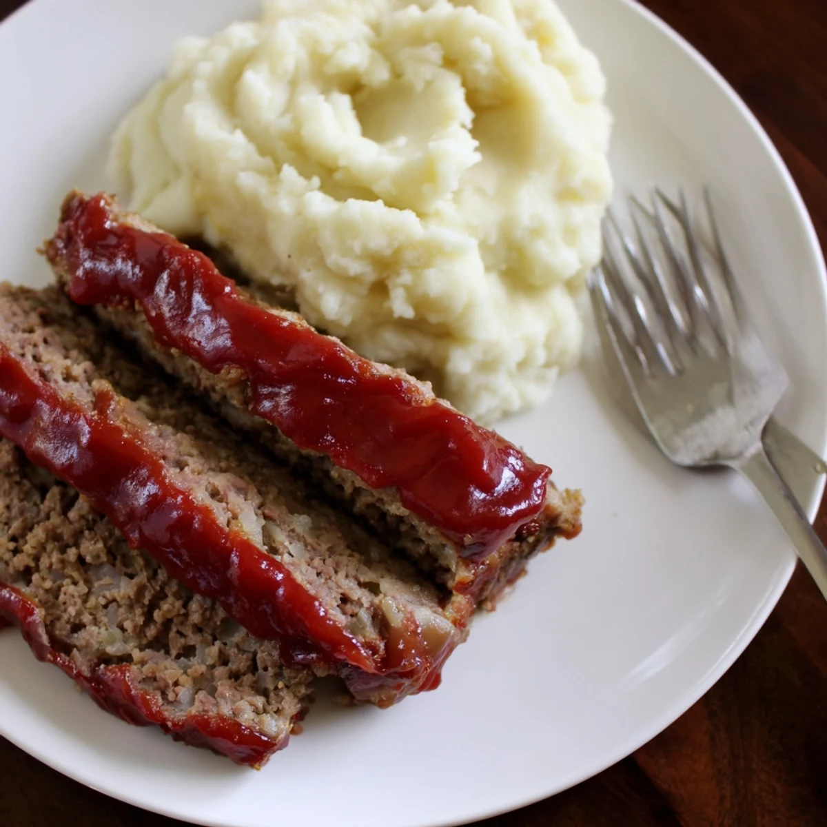 Hearty Classic Meatloaf served with rich, buttery mashed potatoes for a filling meal.