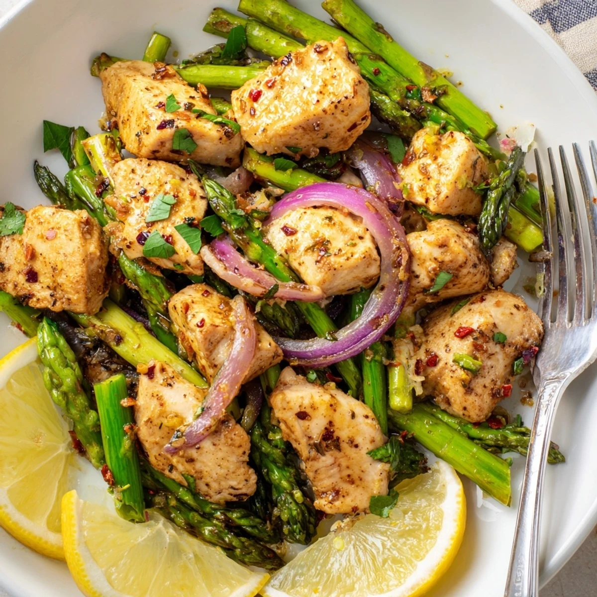 Juicy One-Pan Lemon Garlic Chicken with Asparagus, drizzled in zesty sauce, ready to enjoy.  