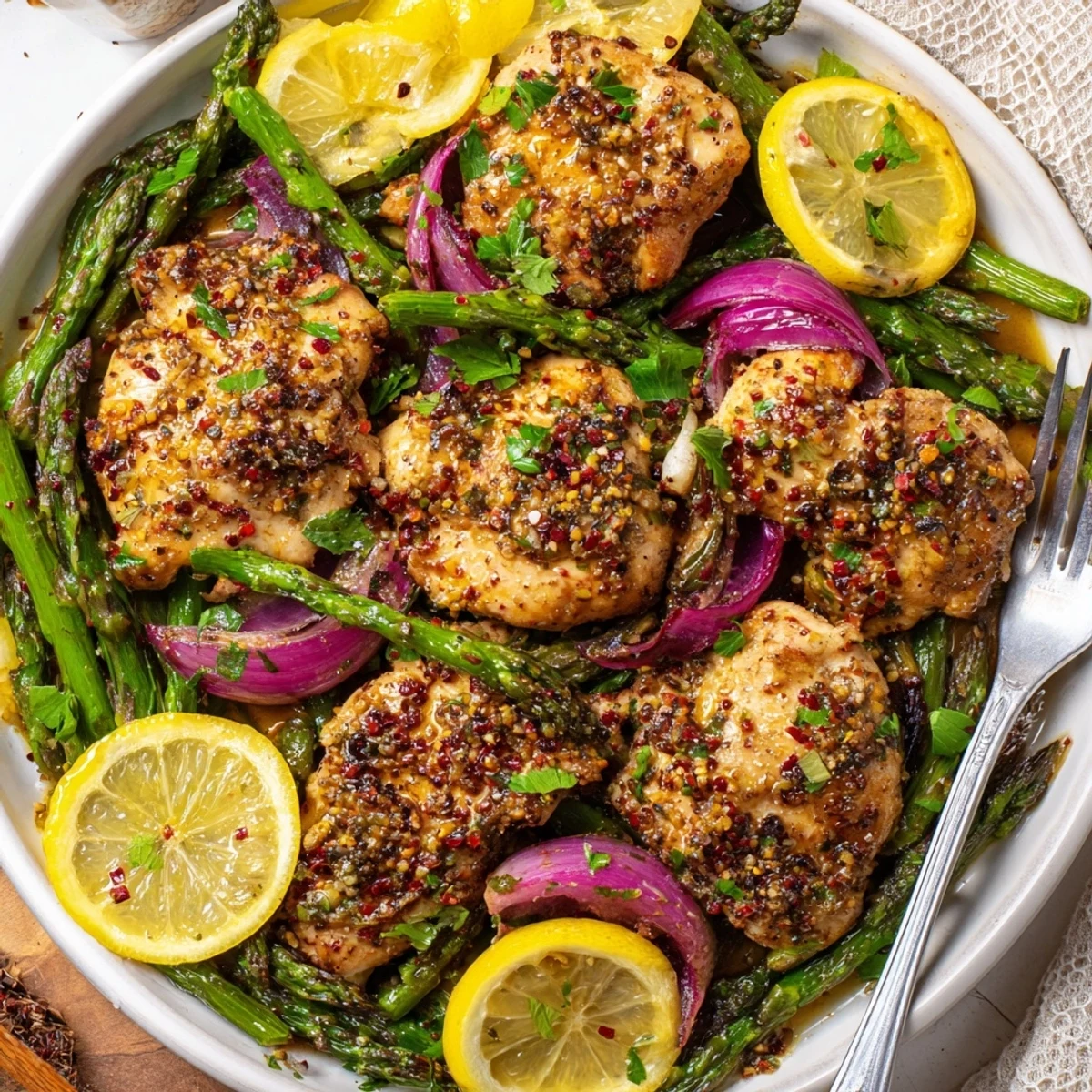 Savory One-Pan Lemon Garlic Chicken with Asparagus, steaming hot and bursting with flavor.