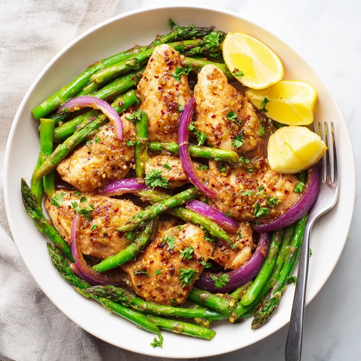 Vibrant One-Pan Lemon Garlic Chicken with Asparagus, served with fresh herbs and lemon wedges.  