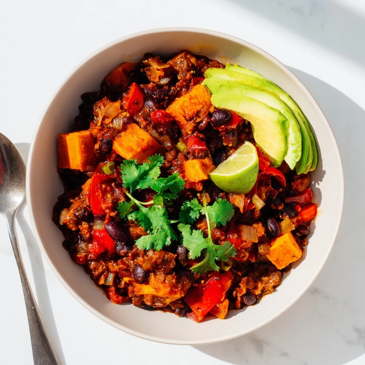 Hearty Spicy Black Bean and Sweet Potato Chili served in a vibrant bowl.  