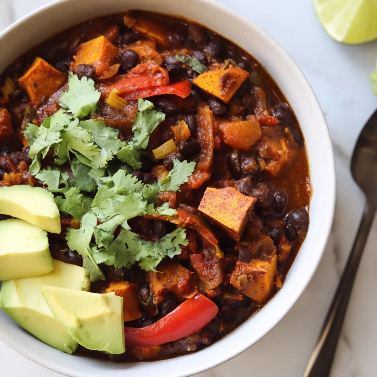 A steaming bowl of Spicy Black Bean and Sweet Potato Chili garnished with cilantro.  