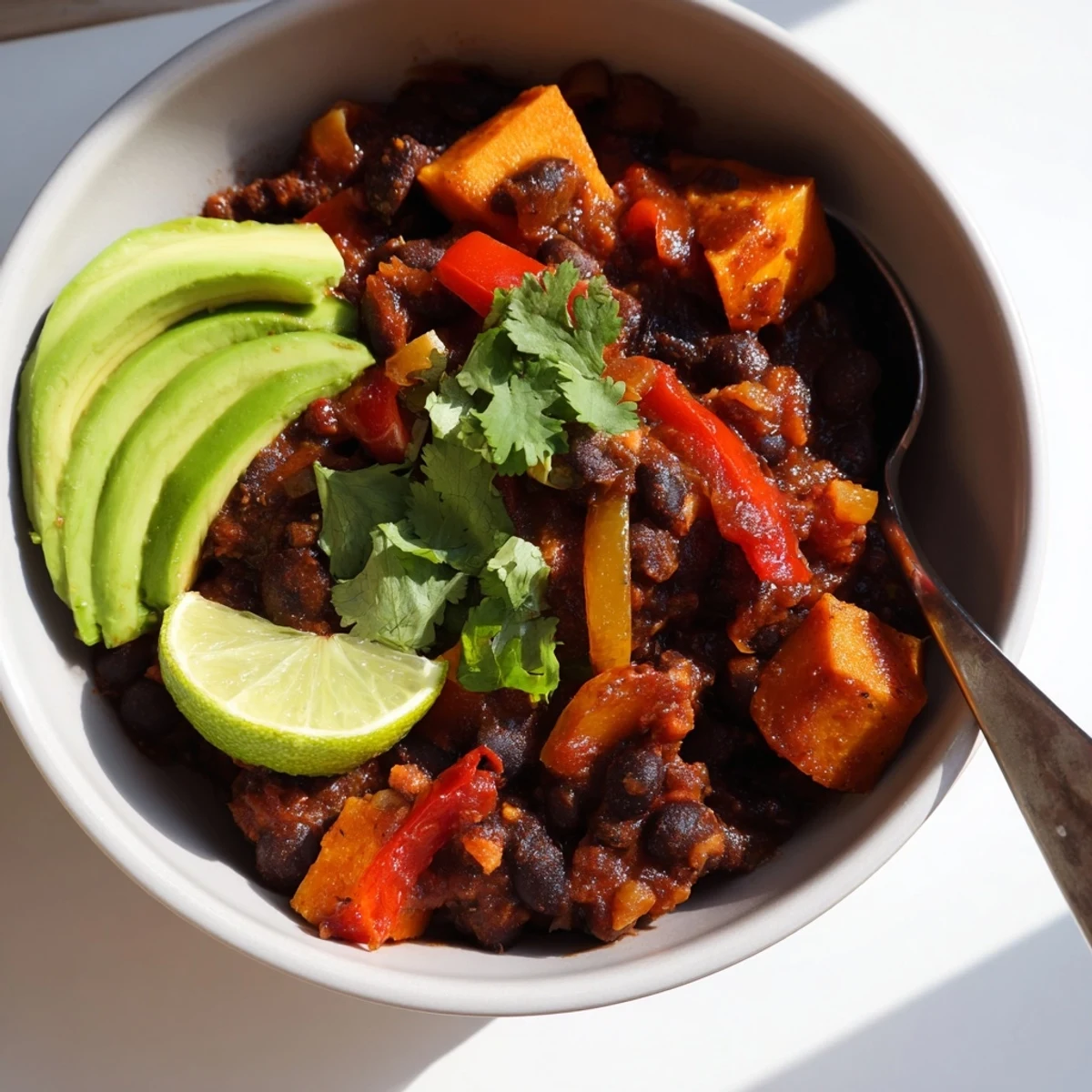 Delicious Spicy Black Bean and Sweet Potato Chili ready for a cozy meal.