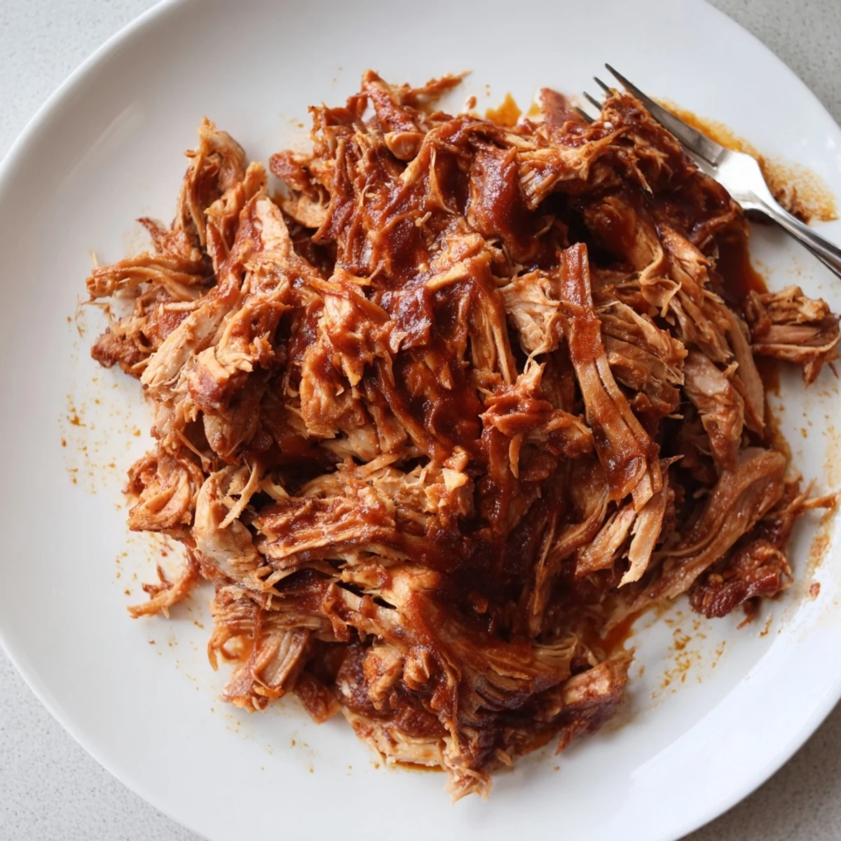 Tender Slow Cooker BBQ Pulled Pork drizzled with rich, smoky barbecue sauce.  