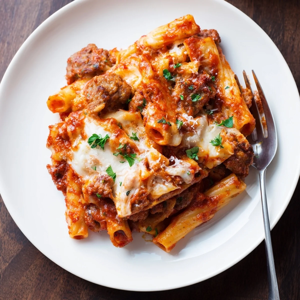 Creamy Baked Ziti with Italian Sausage topped with gooey mozzarella and fresh herbs.