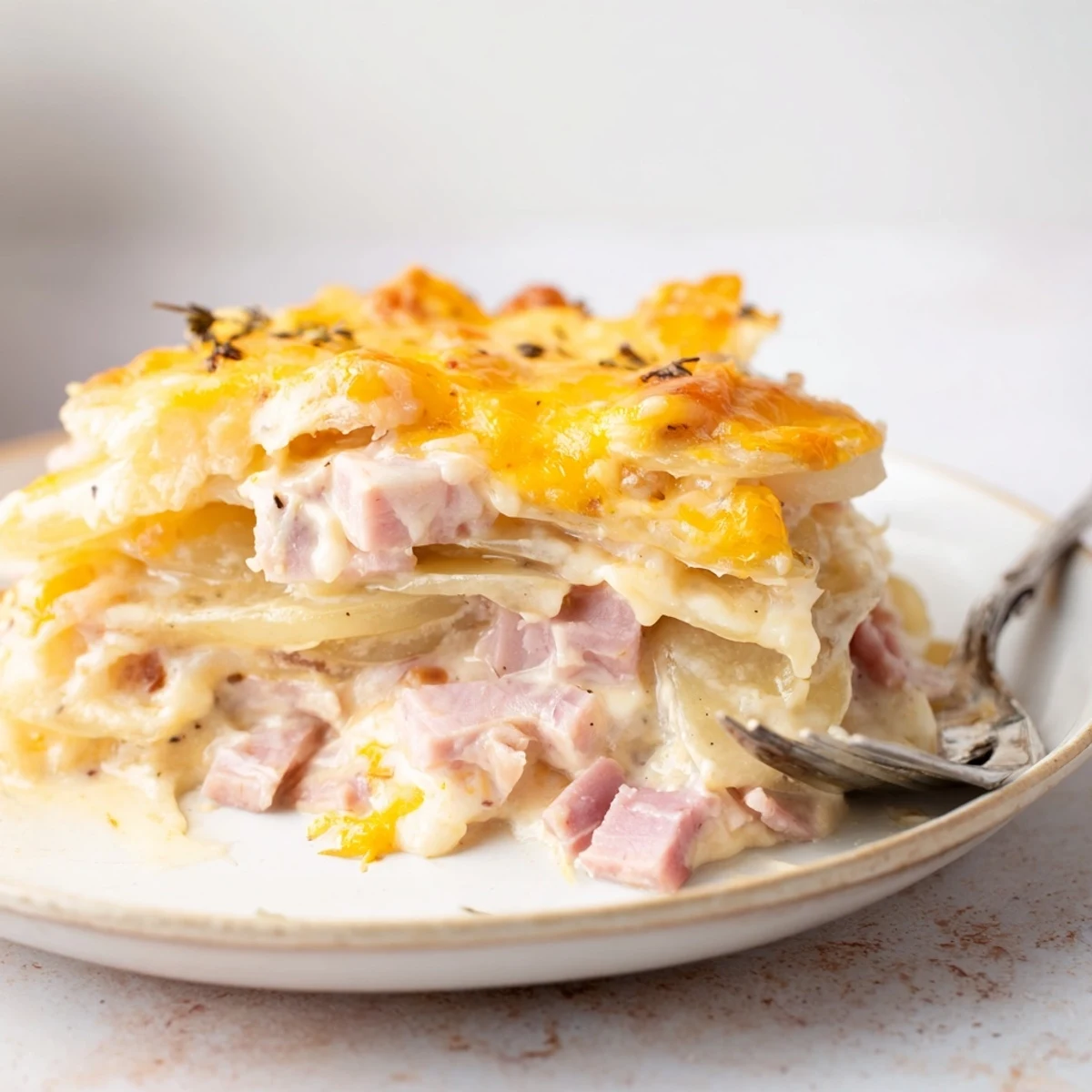 Creamy Cheesy Potato and Ham Casserole golden brown and bubbling, perfect for cozy nights.  