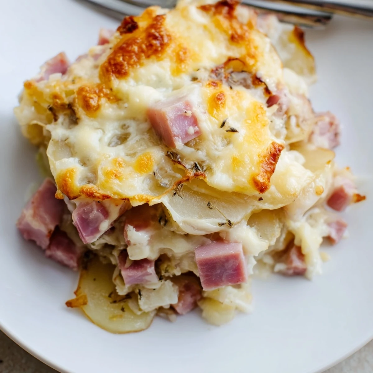 Deliciously layered Cheesy Potato and Ham Casserole, rich with melted cheese and savory ham.  