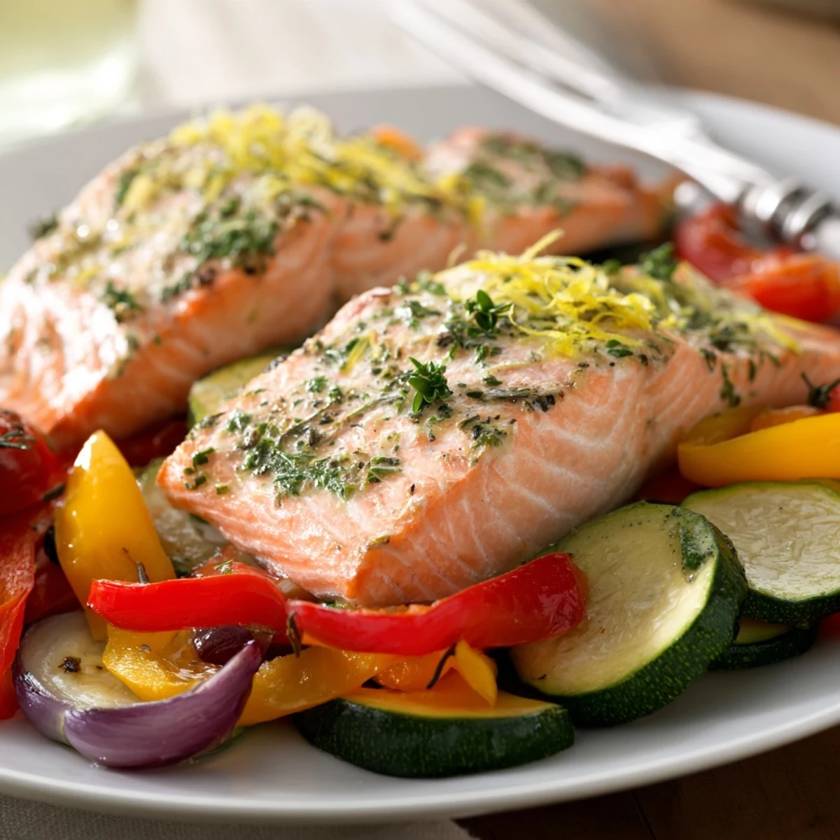 Oven-roasted sheet pan lemon herb salmon alongside vibrant vegetables, bursting with fresh flavors.  