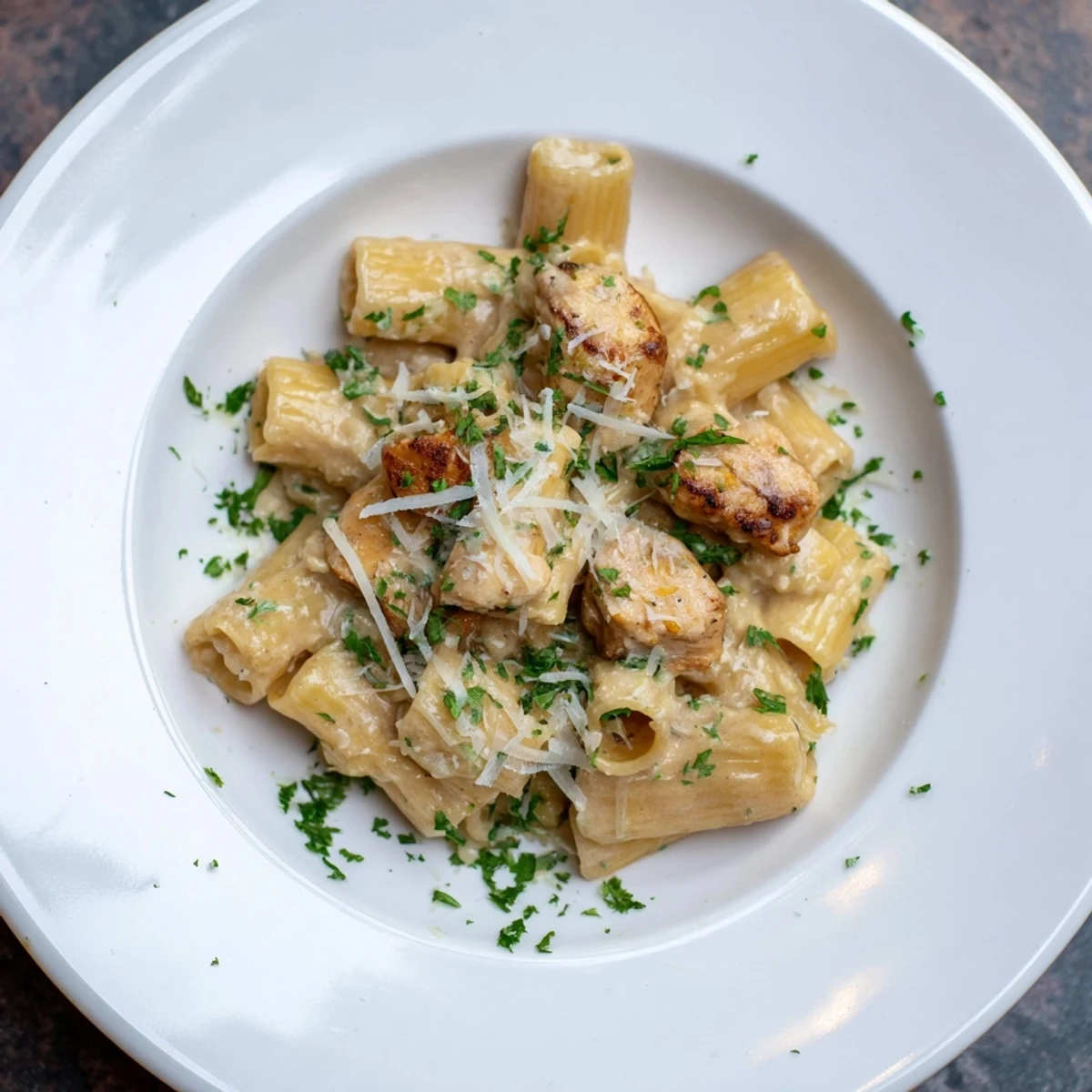 Tender Creamy Garlic Parmesan Chicken Rigatoni, coated in a rich, creamy, and savory sauce.