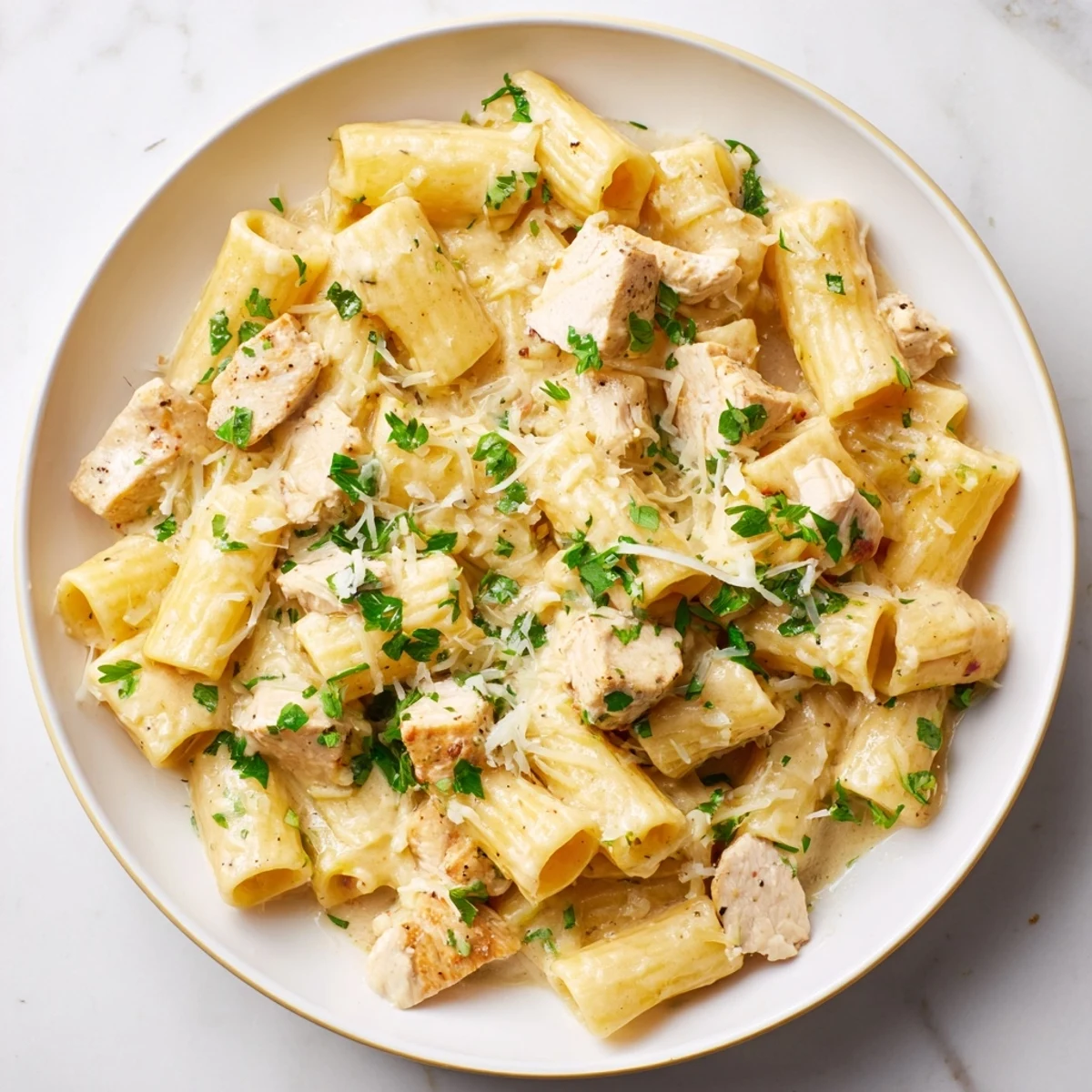 Imagine the cheesy, warm, comforting Creamy Garlic Parmesan Chicken Rigatoni, ready to serve!
