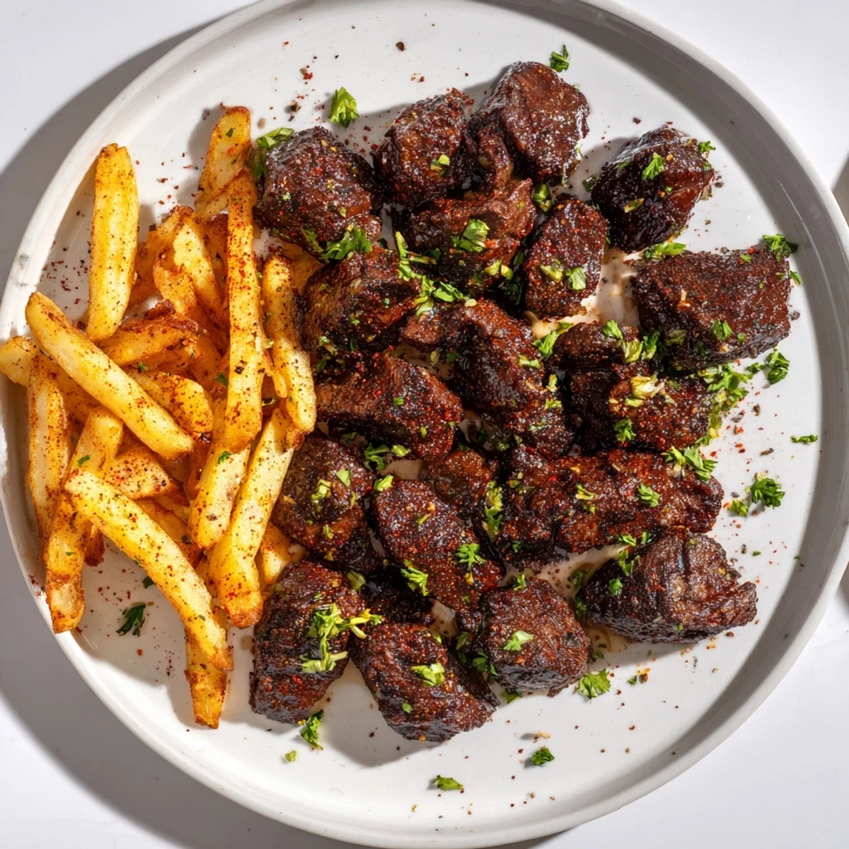 Golden-brown Blackened Cajun Steak Bites sizzled in a pan, beside a pile of seasoned, hot fries.