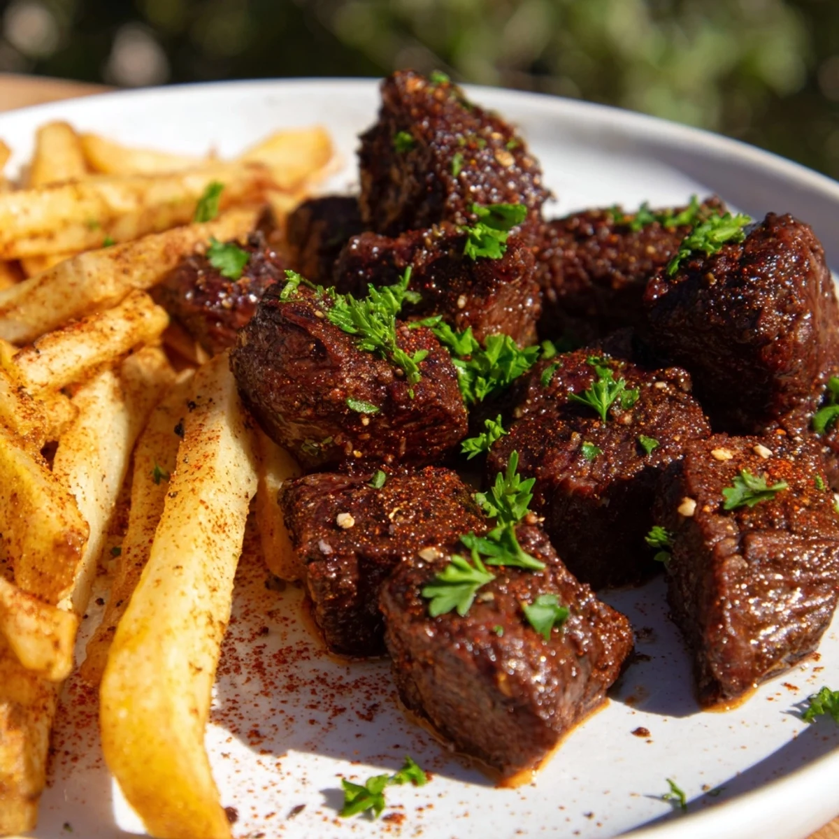 Blackened Cajun Steak Bites with crispy fries, perfectly seared and ready to eat, a flavorful main course.