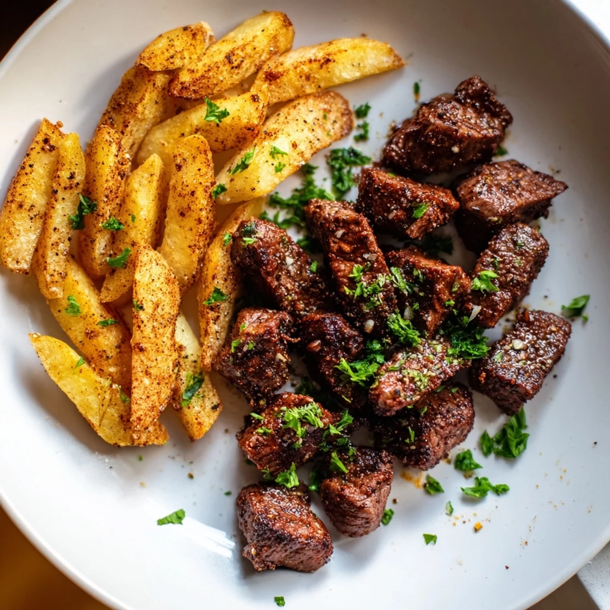A close-up of tender Blackened Cajun Steak Bites with parsley alongside a helping of crunchy fries.