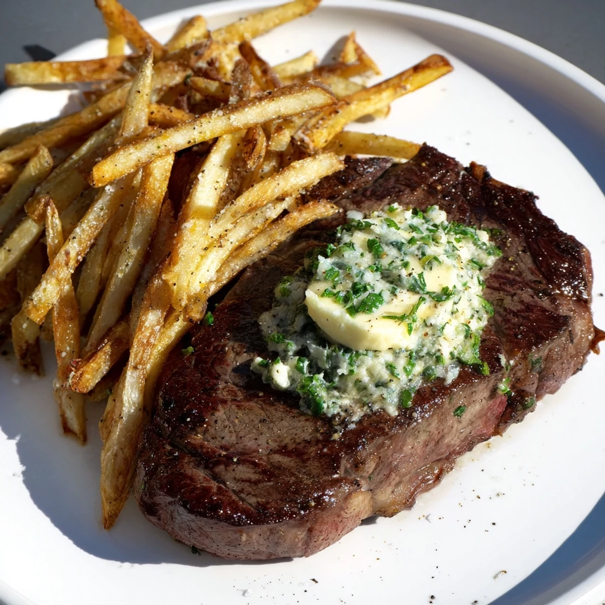 Juicy Steakhouse garlic butter steak, seared and topped with herb butter, paired with golden crispy fries.
