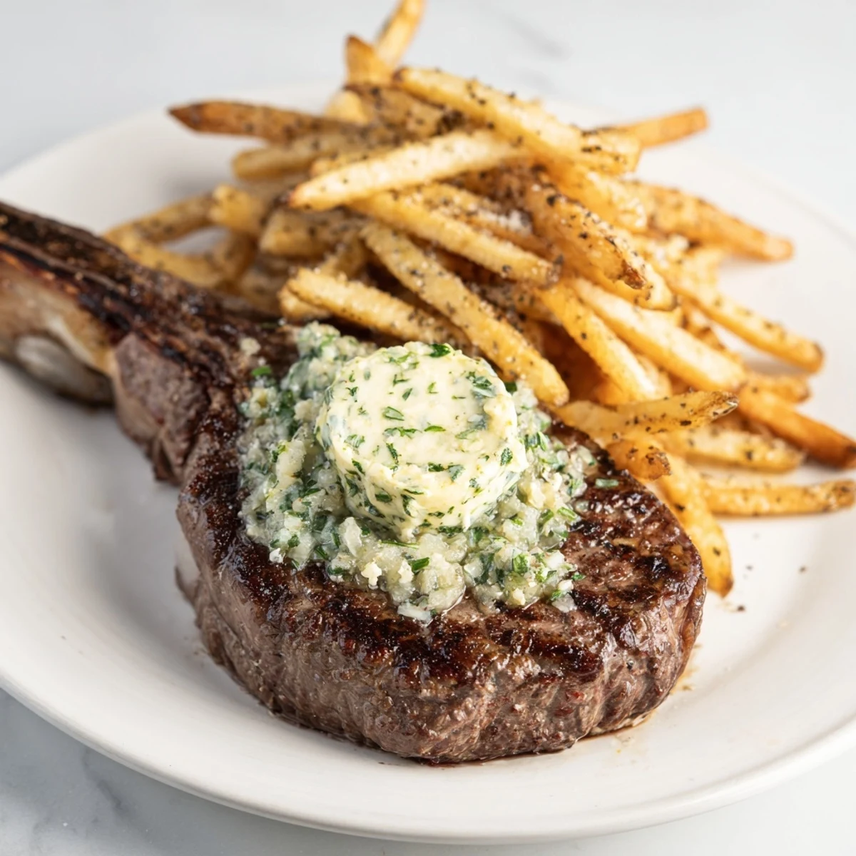 A plate of Steakhouse Garlic Butter Steak & Fries, a delicious American main course, ready to be enjoyed.