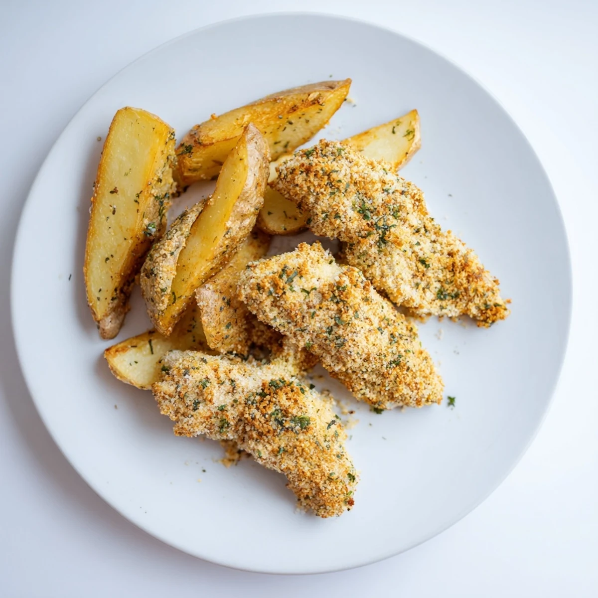 Golden-brown herbed chicken tenders paired with crispy potato wedges, a satisfying American meal.