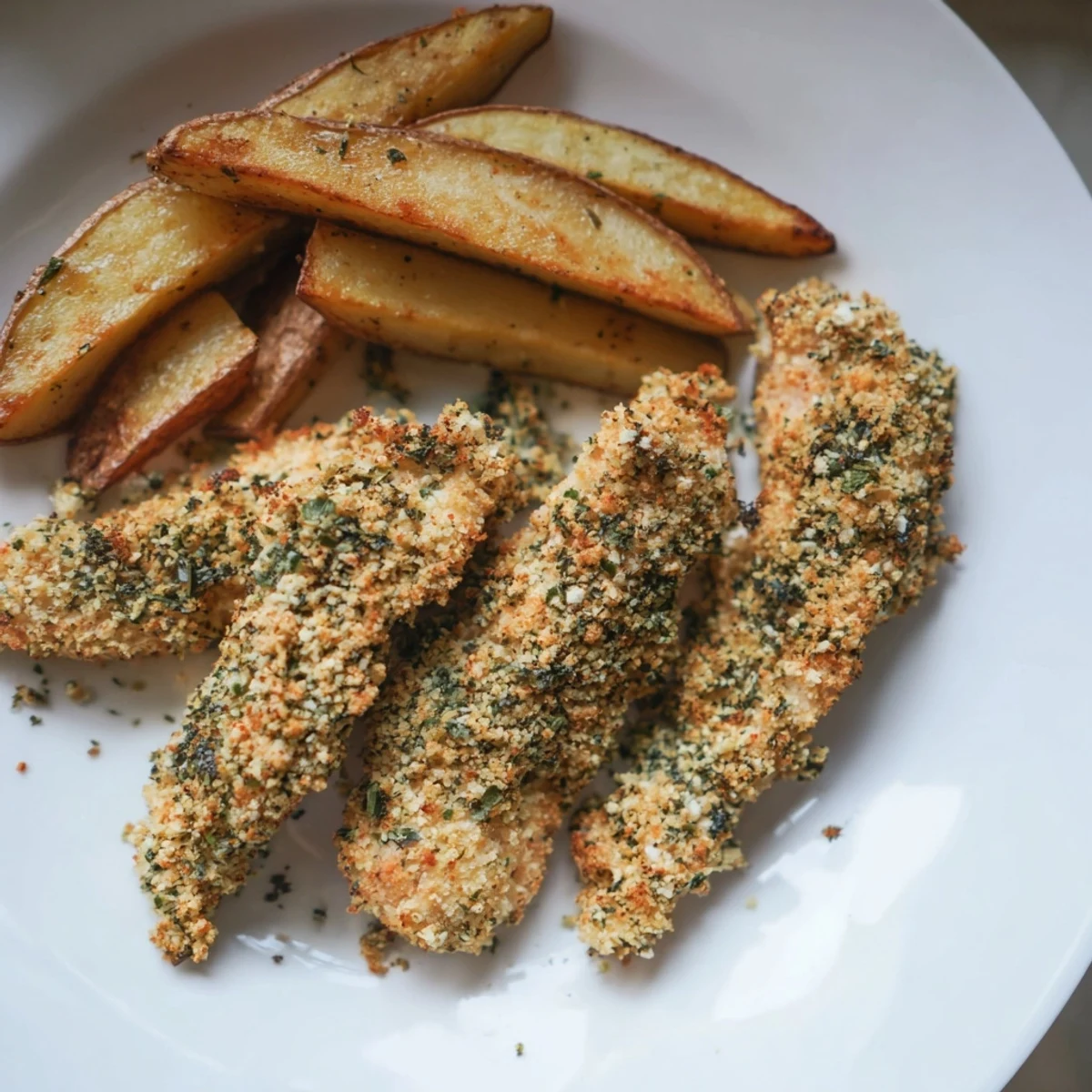 Close-up of crispy herbed chicken tenders and potato wedges, ready to eat with fresh parsley and lemon.