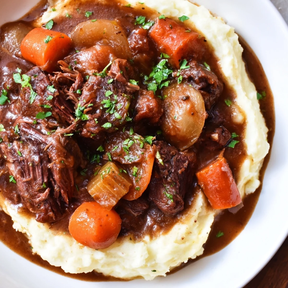 Tender slow cooker pot roast with vegetables and creamy mashed potatoes, a hearty family meal.