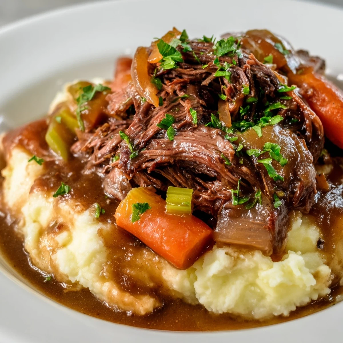 Fork-tender pot roast, perfectly seasoned, served over creamy mashed potatoes, a comforting classic.