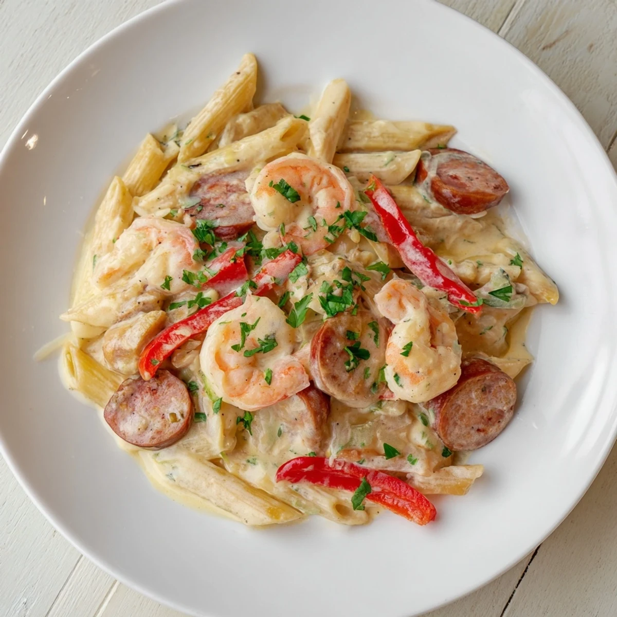 A close-up of steaming Cajun Sausage & Shrimp Alfredo Pasta Skillet, with vibrant red peppers and parsley garnish.