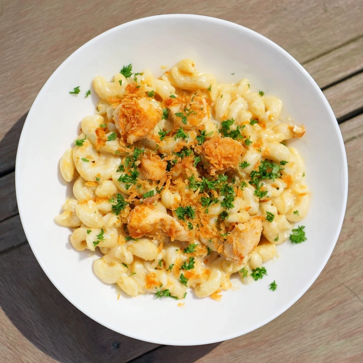 Creamy one-pot Honey BBQ Chicken Mac and Cheese, bubbling and ready to serve with crispy toppings.