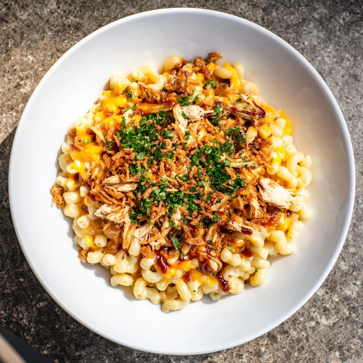 A close-up of cheesy Honey BBQ Chicken Mac and Cheese, showcasing the tender chicken and melted cheese.