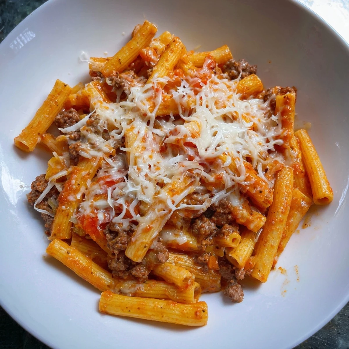 Golden bubbly Cheesy Beef & Penne Bake with melted cheese and savory ground beef, ready to serve.
