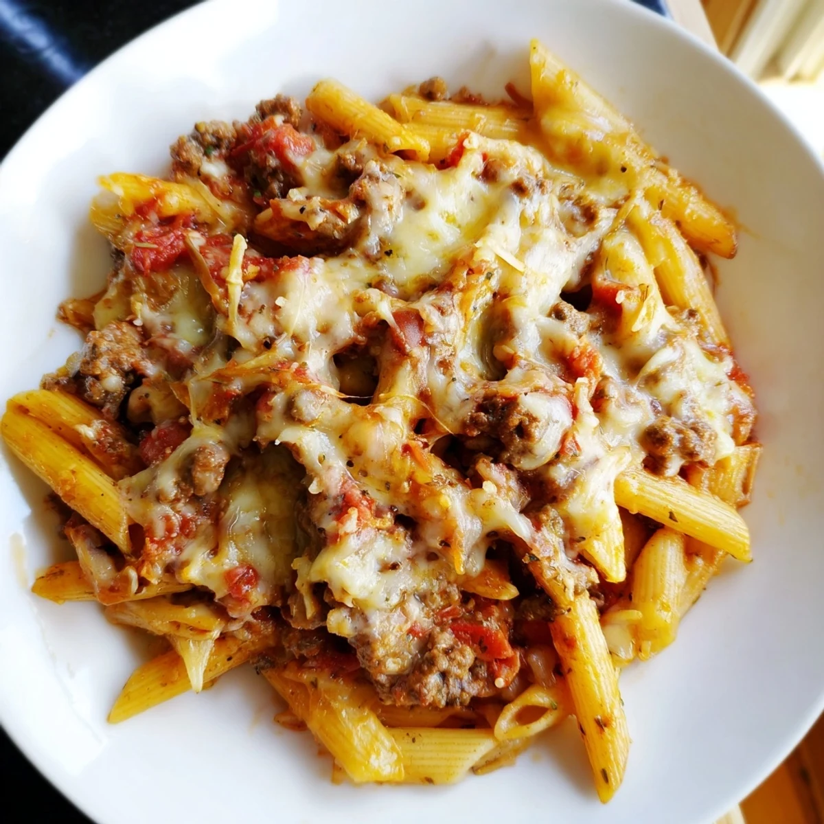 A steaming hot plate of Cheesy Beef & Penne Bake with a golden cheese crust, perfect for dinner.
