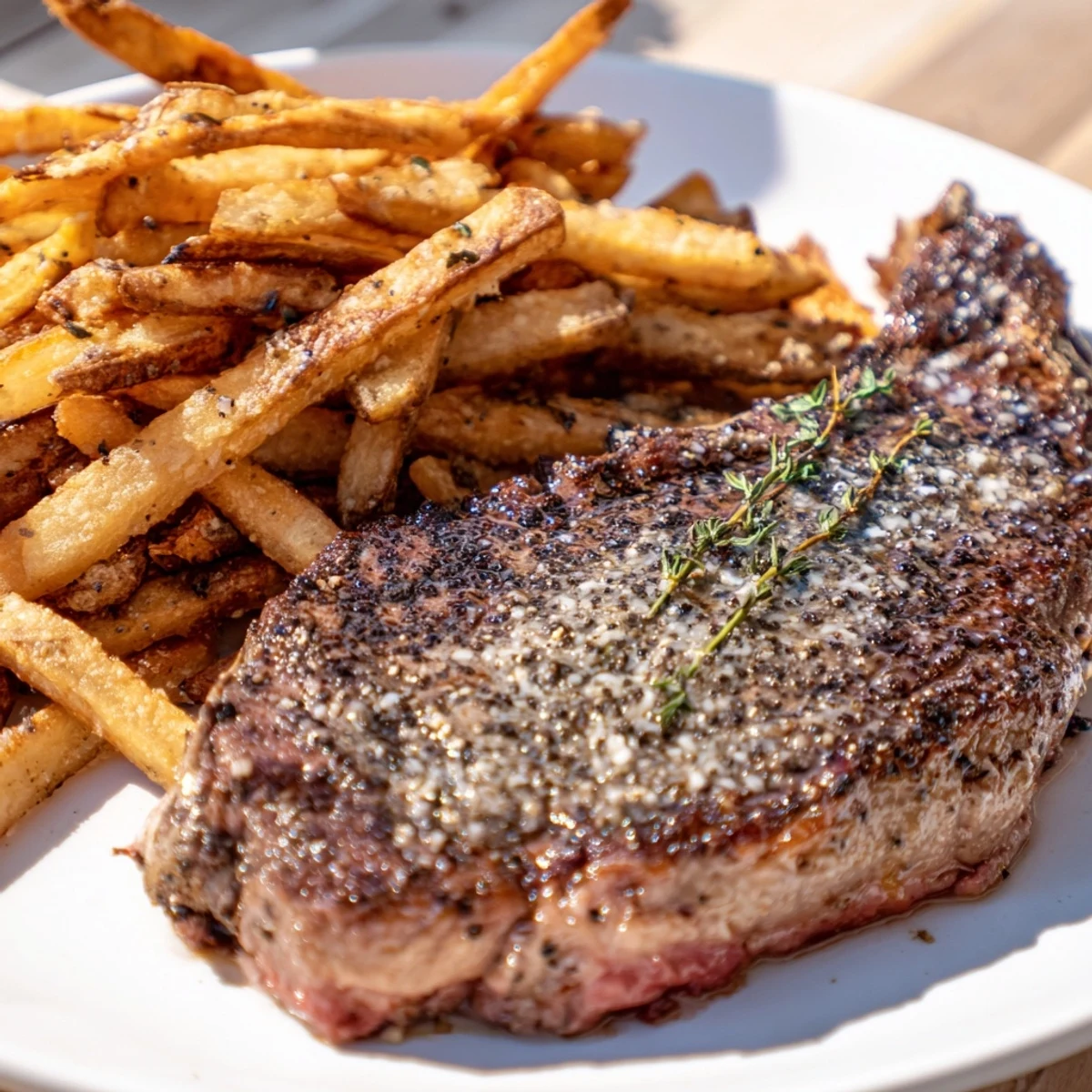A close-up shot of juicy Classic Peppercorn Ribeye alongside a mountain of golden, crispy fries.