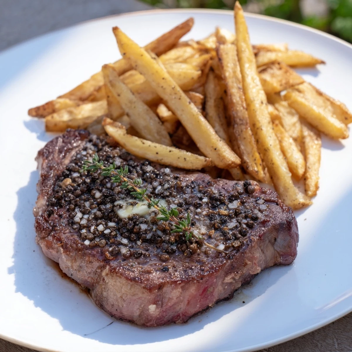 Thick-cut, golden fries alongside a beautifully cooked Classic Peppercorn Ribeye, drizzled with peppercorn sauce.