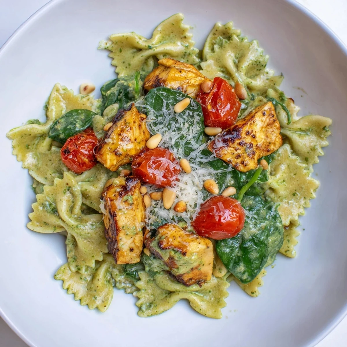 Delicious Pesto Chicken Bowtie Pasta, tossed with juicy tomatoes and garnished with pine nuts for flavor.