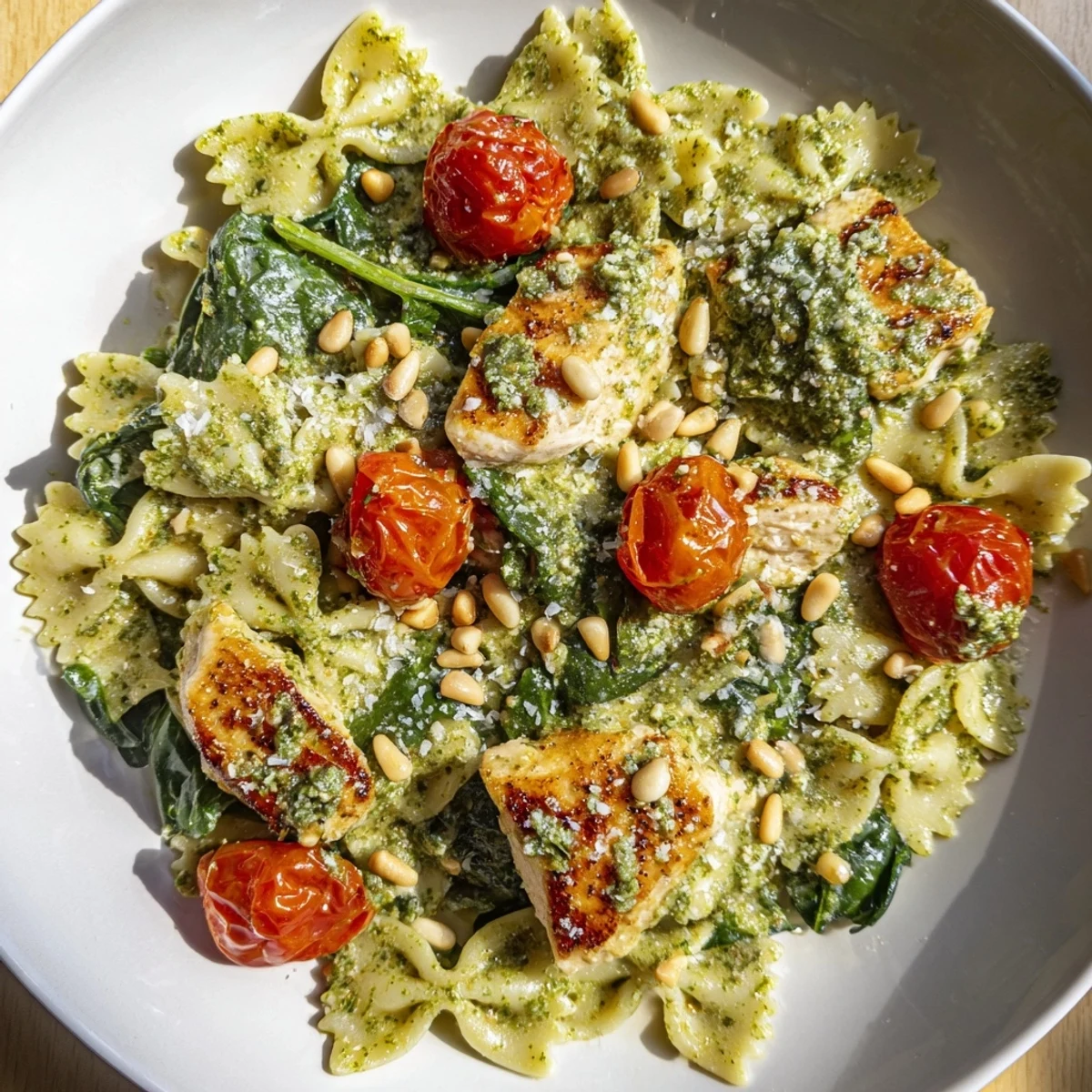 This flavorful Pesto Chicken Bowtie Pasta features tender, bite-sized chicken and a vibrant pesto sauce.