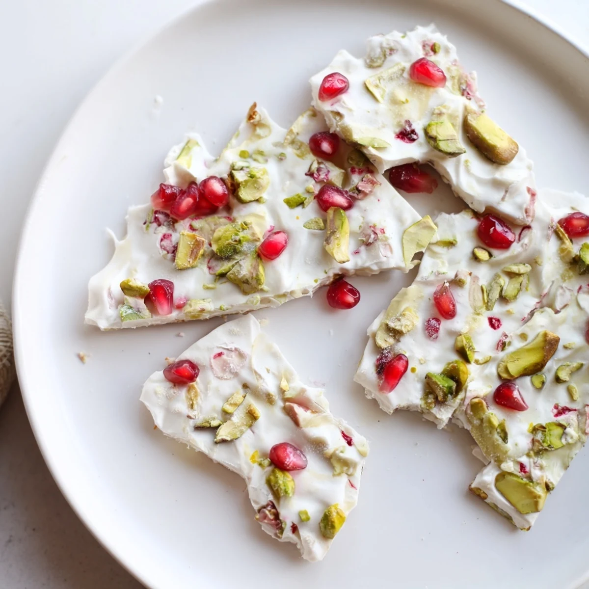 Vibrant frozen yogurt bark topped with ruby red pomegranate seeds and pistachios, a cool summer dessert.