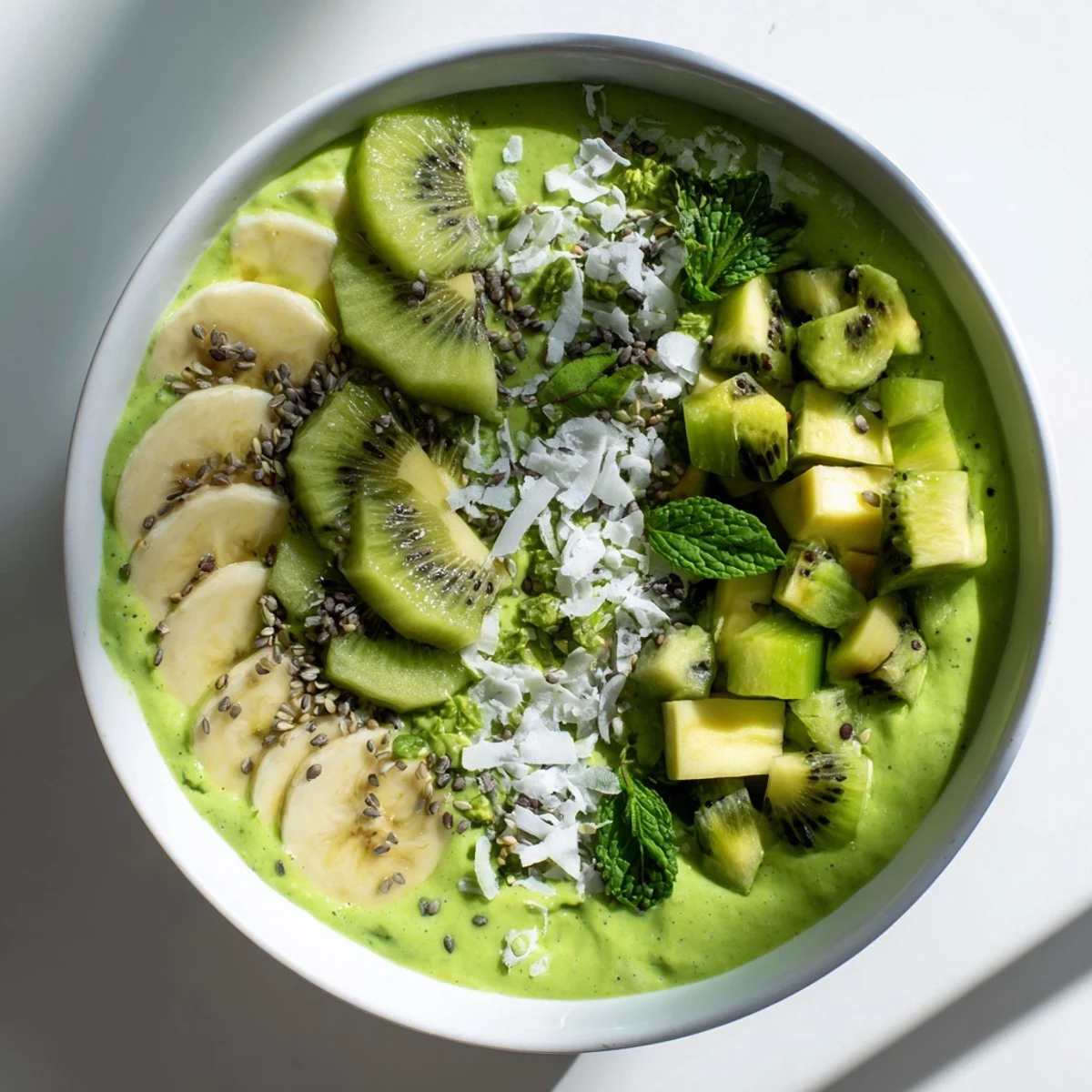 Creamy Green Smoothie Bowl with kale, avocado, and kiwi, a bright breakfast treat, beautifully garnished.