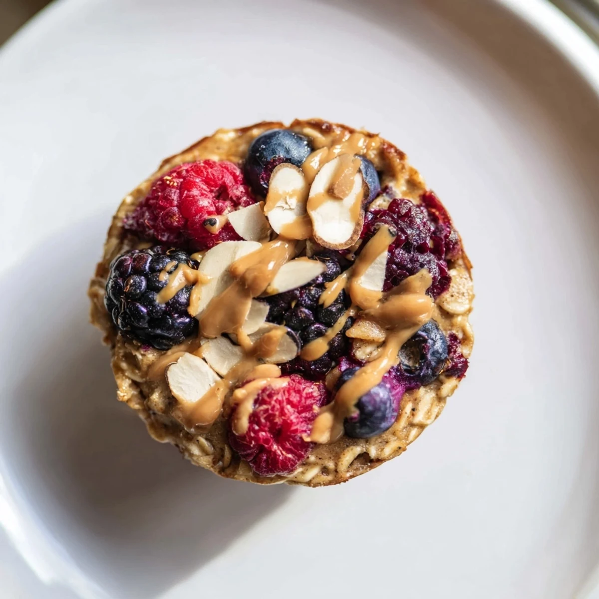 Warm baked oatmeal cups with a hint of cinnamon, served with fresh winter berries and almond butter.
