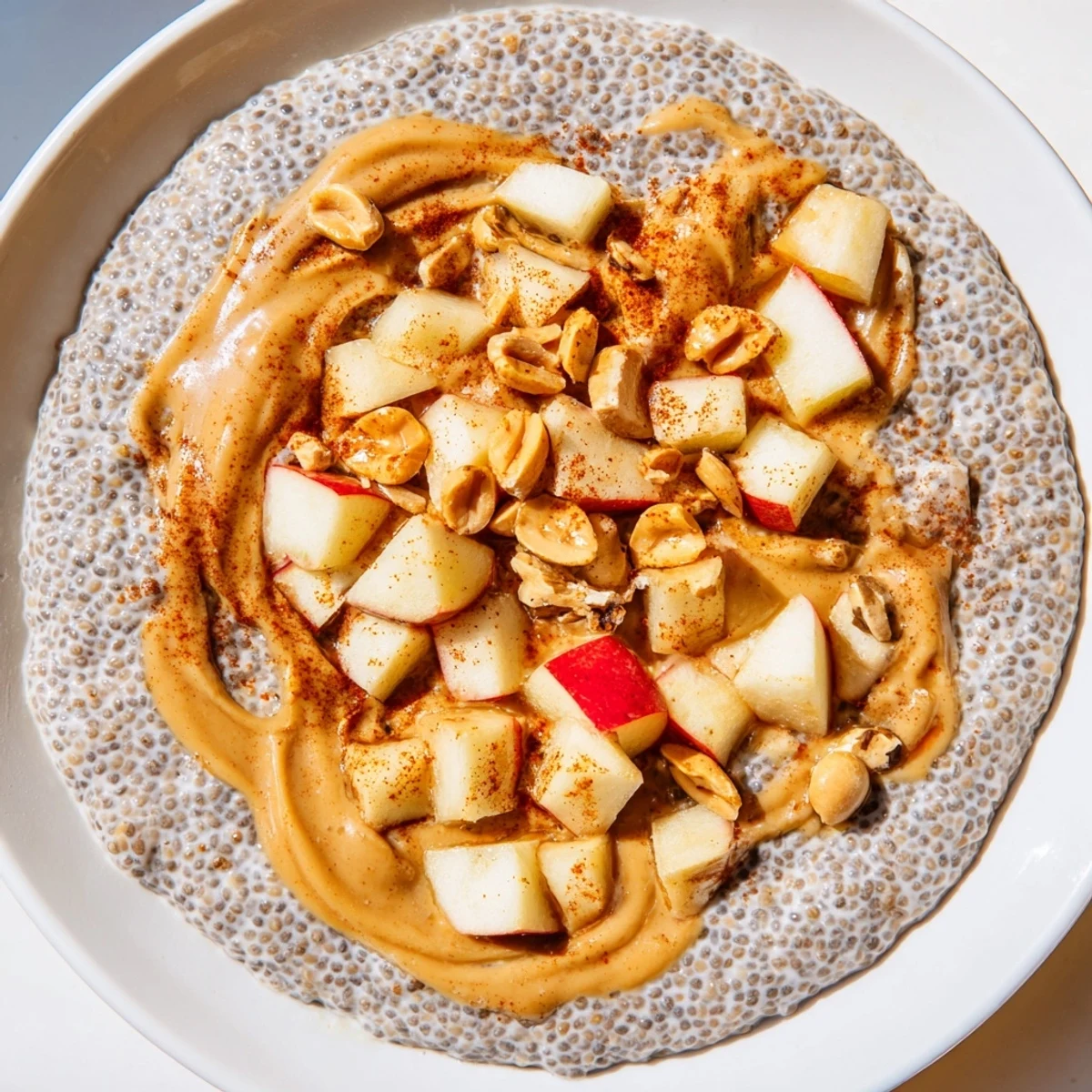 Creamy Apple-Chia Pudding with Peanut Butter, layered with fresh apples and a drizzle of maple syrup.