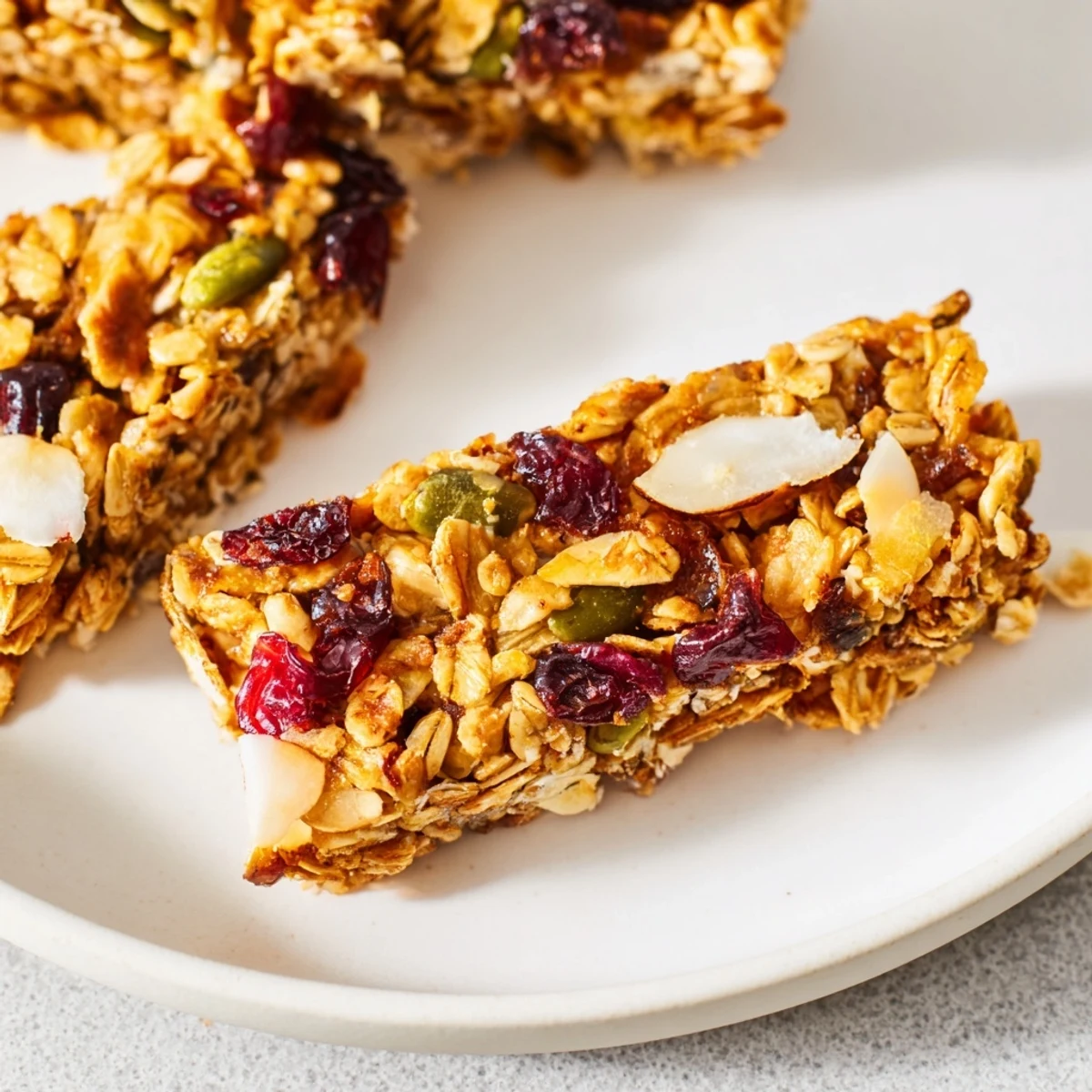Golden-brown Roasted Pumpkin Seed & Cranberry Granola Bars, offering a satisfying homemade snack.