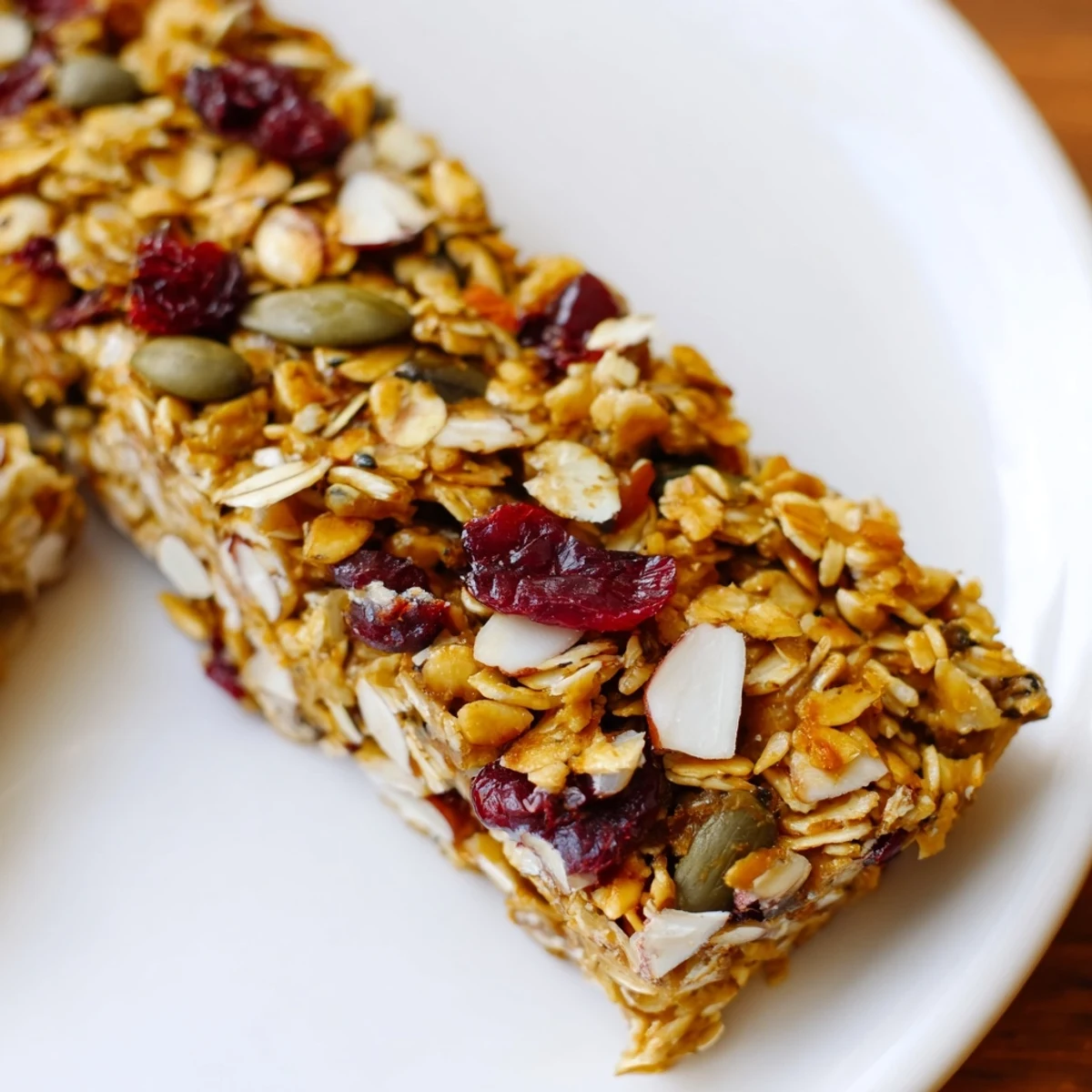 Close-up of freshly baked Roasted Pumpkin Seed & Cranberry Granola Bars, perfect for breakfast or a treat.