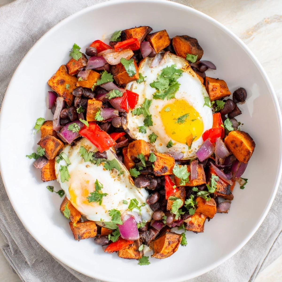 A steaming skillet of Sweet Potato & Black Bean Breakfast Hash, vibrant with peppers, beans, and fresh cilantro.
