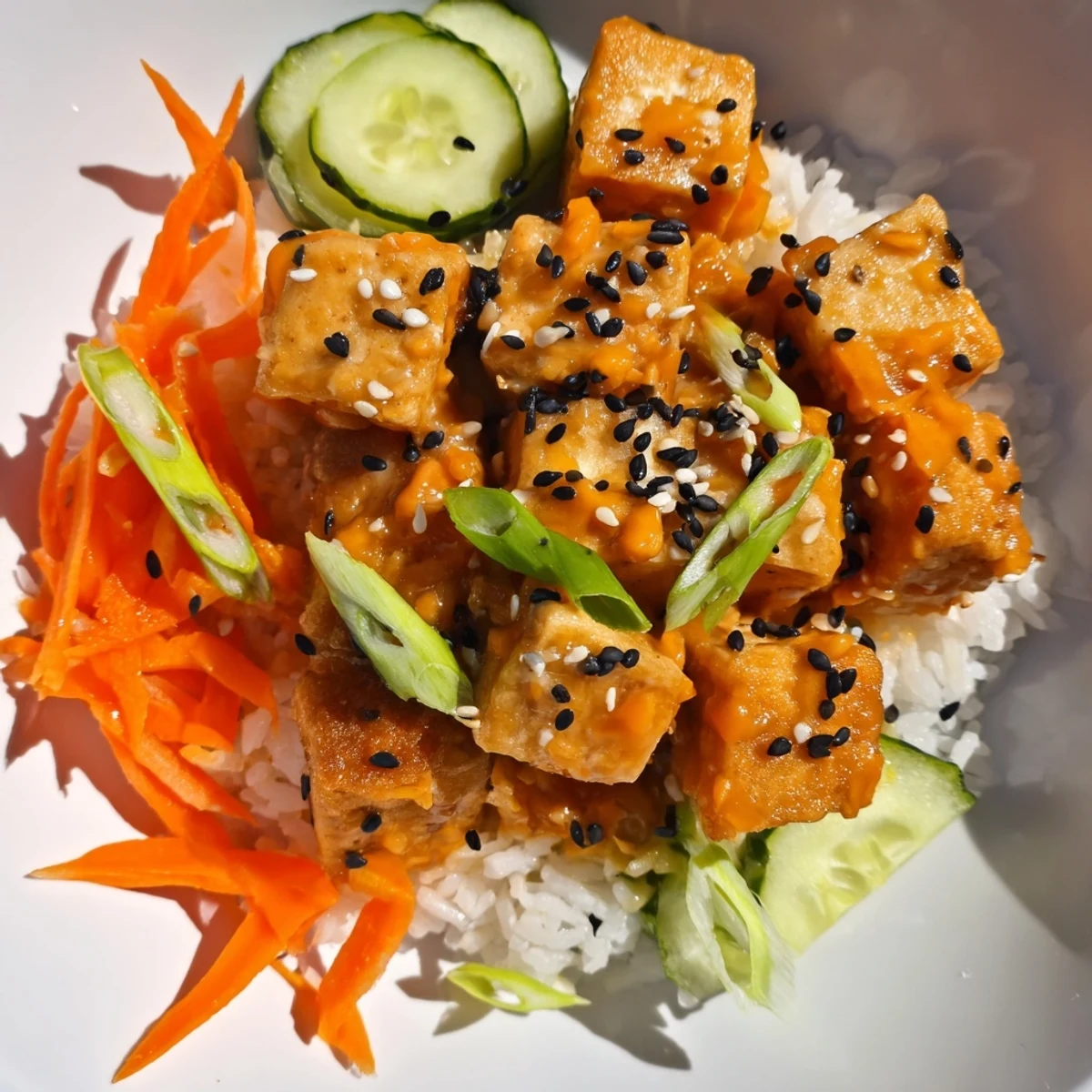 Vibrant chili-mayo baked tofu bowls, loaded with fresh veggies and creamy avocado for a balanced meal.