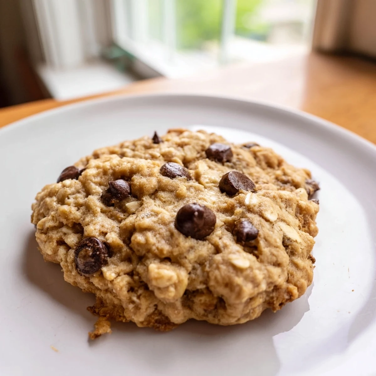 Warm, soft oat-banana chocolate chip cookies piled on a plate, ready to enjoy with a glass of milk.